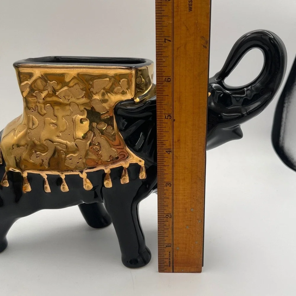 Vtg 50s elephant planter‎ glossy black 24kt gold-painted saddle blanket USA
